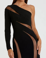 Black Jersey One Shoulder Illusion Cut Out Gown