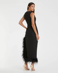 Black Ruched High-Low Sheath Dress with Feather Trim
