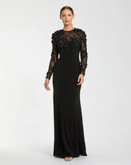 Black Jersey Long Sleeve Column Gown with Floral Embellishments