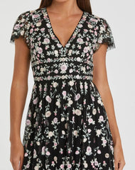 Black Multicolor Embroidered V Neck Cap Sleeve Midi Dress