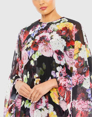 Black Multicolor Floral Print High Neck Ruffle Hem Cape Mini Dress
