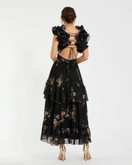 Black Ruffle Tiered Cut-Out Floral Print Chiffon Dress