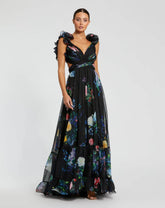 Black Ruffle Tiered Floral Cut-Out Chiffon Gown