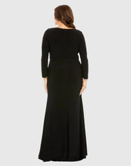 Black Long Sleeve V-Neck Faux Wrap Gown