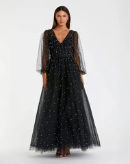 Black Long Sheer Sleeve Draped Pearl Beaded Gown