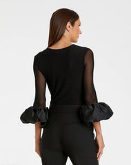 Black Mesh Long Sleeve Bodysuit With Satin Puff Sleeve - FINAL SALE
