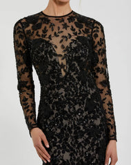 Black Long Sleeve Floral Embellished Gown