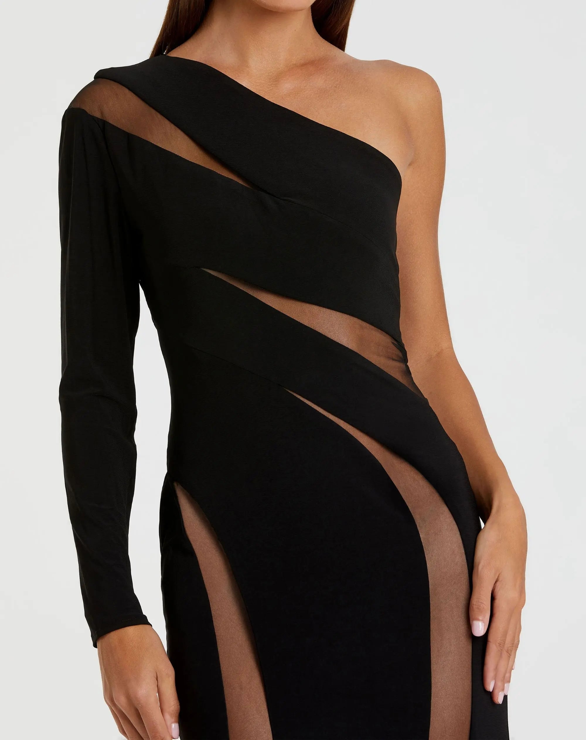 Black Jersey One Shoulder Illusion Cut Out Gown