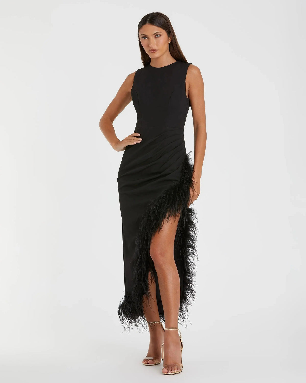 Black Ruched High-Low Sheath Dress with Feather Trim