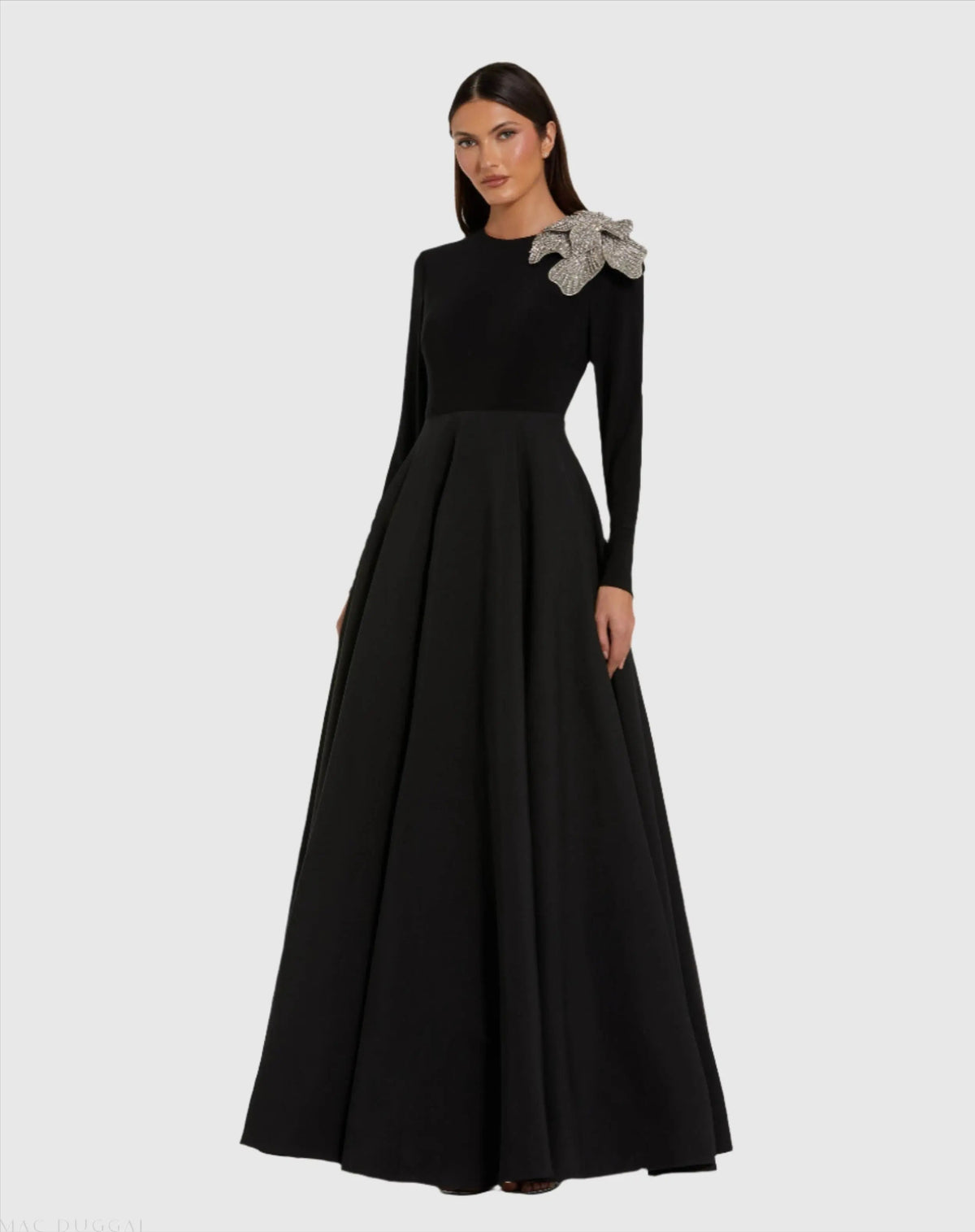 Black Long Sleeve Taffeta Ballgown with 3D Rhinestone Flower