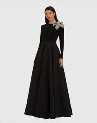 Black Long Sleeve Taffeta Ballgown with 3D Rhinestone Flower