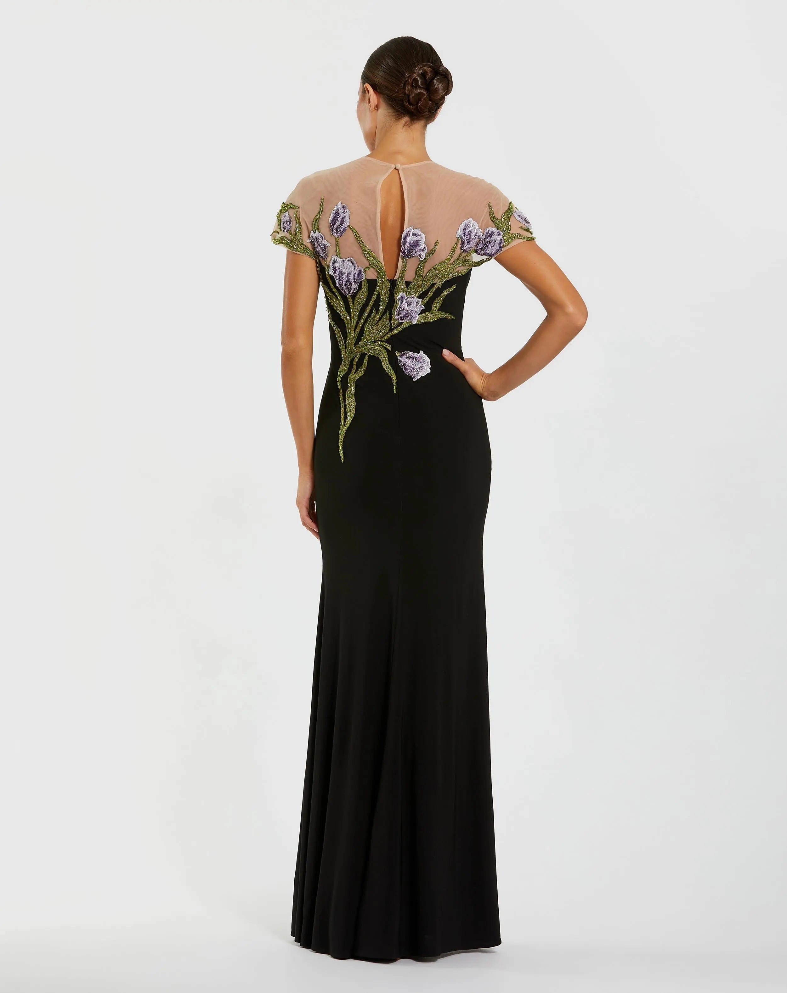 Black High Neck Floral Embroidered Jersey Gown