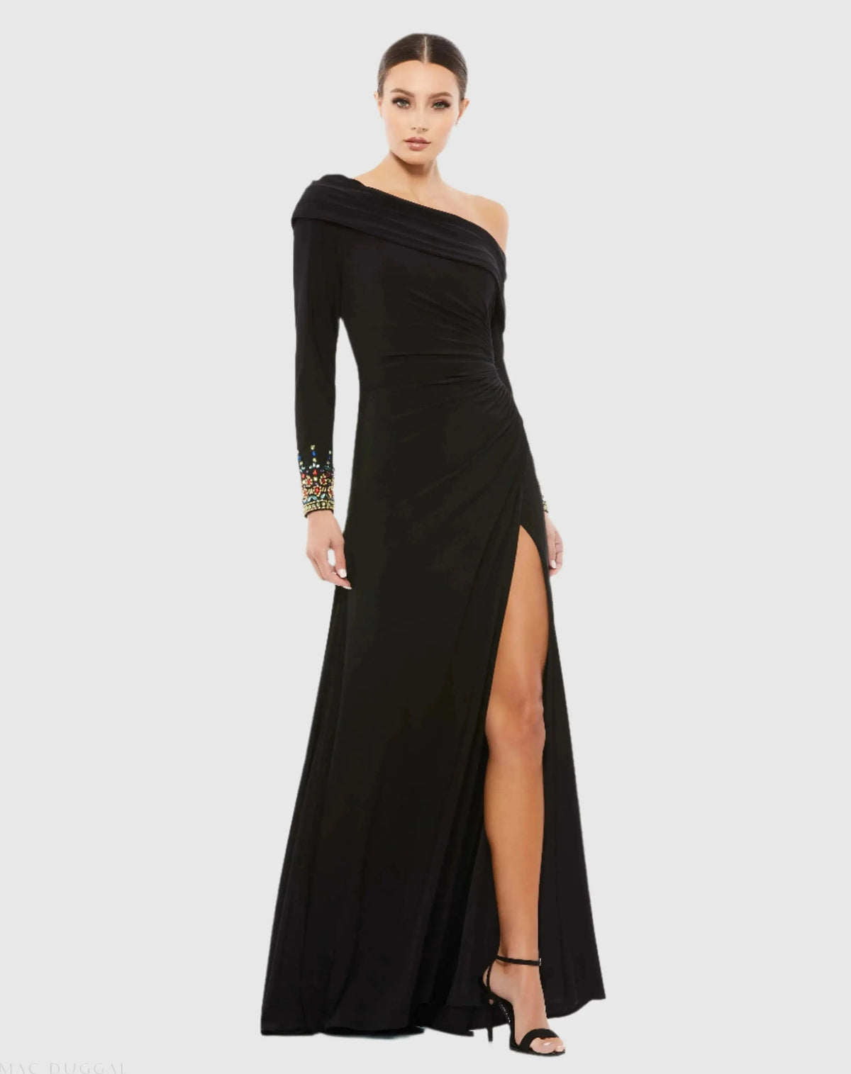 Black Multicolor Beaded Cuff Drop Shoulder Faux Wrap Gown