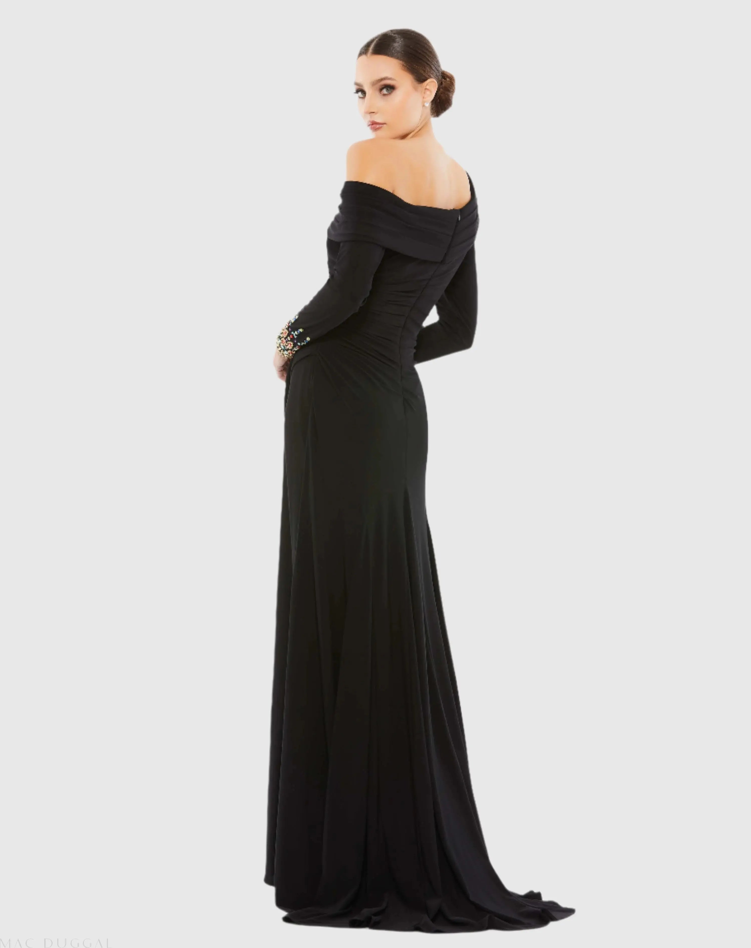Black Multicolor Beaded Cuff Drop Shoulder Faux Wrap Gown