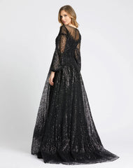 Black Jewel Encrusted Illusion Long Sleeve A Line Gown