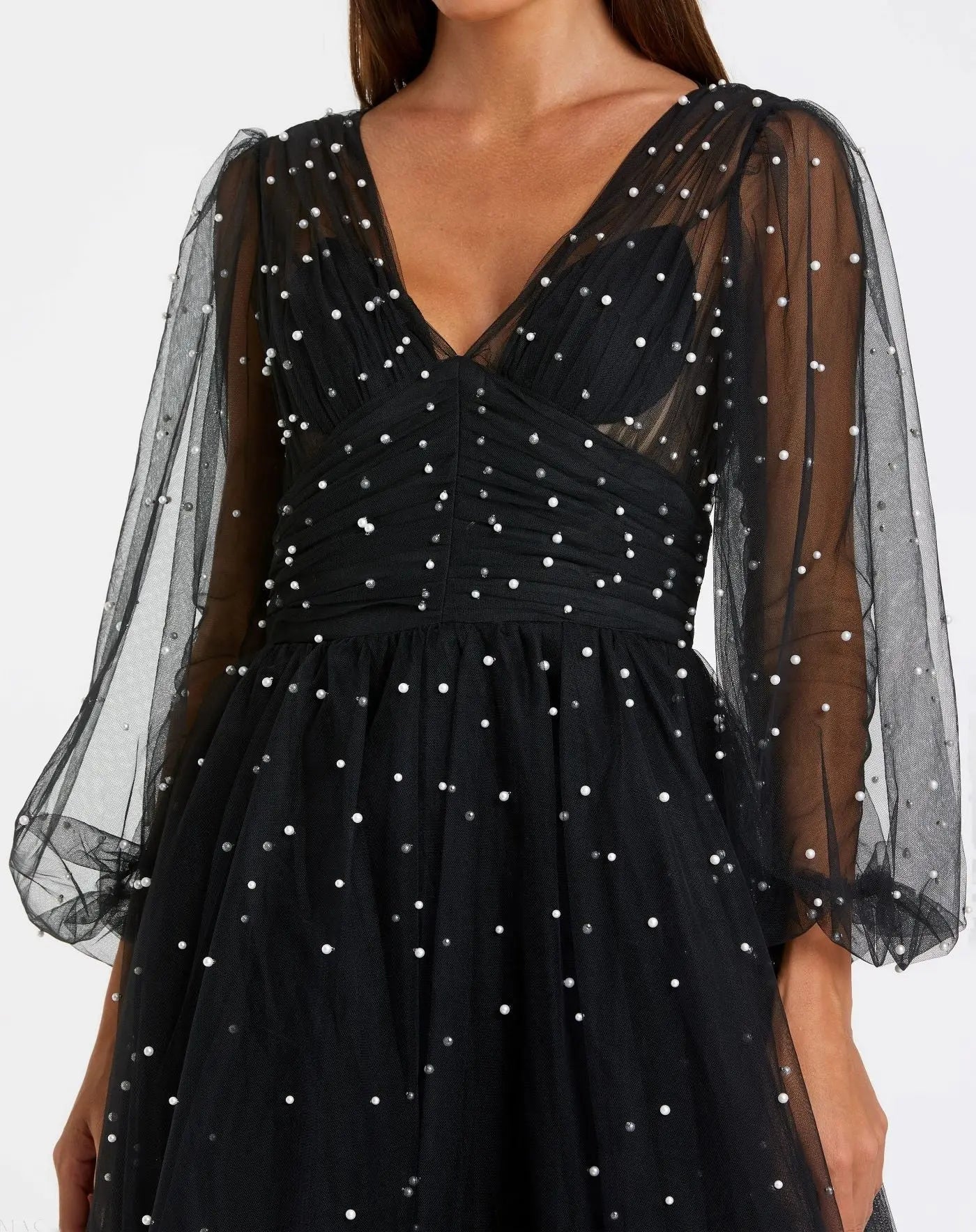 Black Long Sheer Sleeve Draped Pearl Beaded Gown