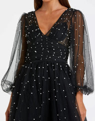 Black Long Sheer Sleeve Draped Pearl Beaded Gown