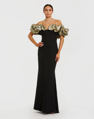 Black Mermaid Gown With Off The Shoulder Ruffle Detail