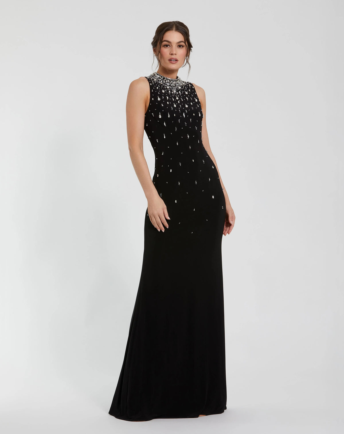 Black High Neck Sleeveless Beaded Jersey Fitted Gown