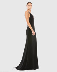 Black Plunge Neck High Slit Gown