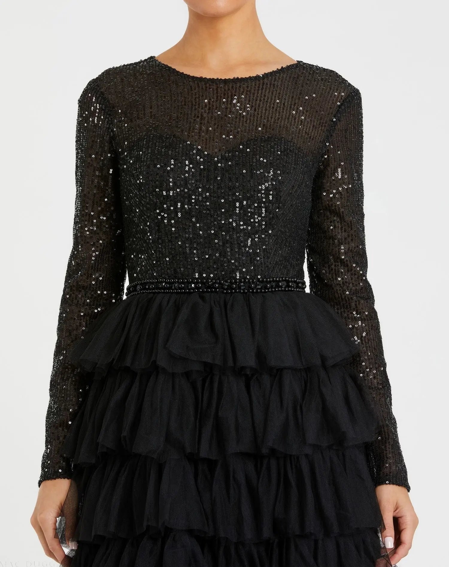 Black Long Sleeve Ruffle Tiered Midi Dress