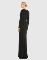 Black Jersey Long Sleeve Asymmetrical Ruched Gown