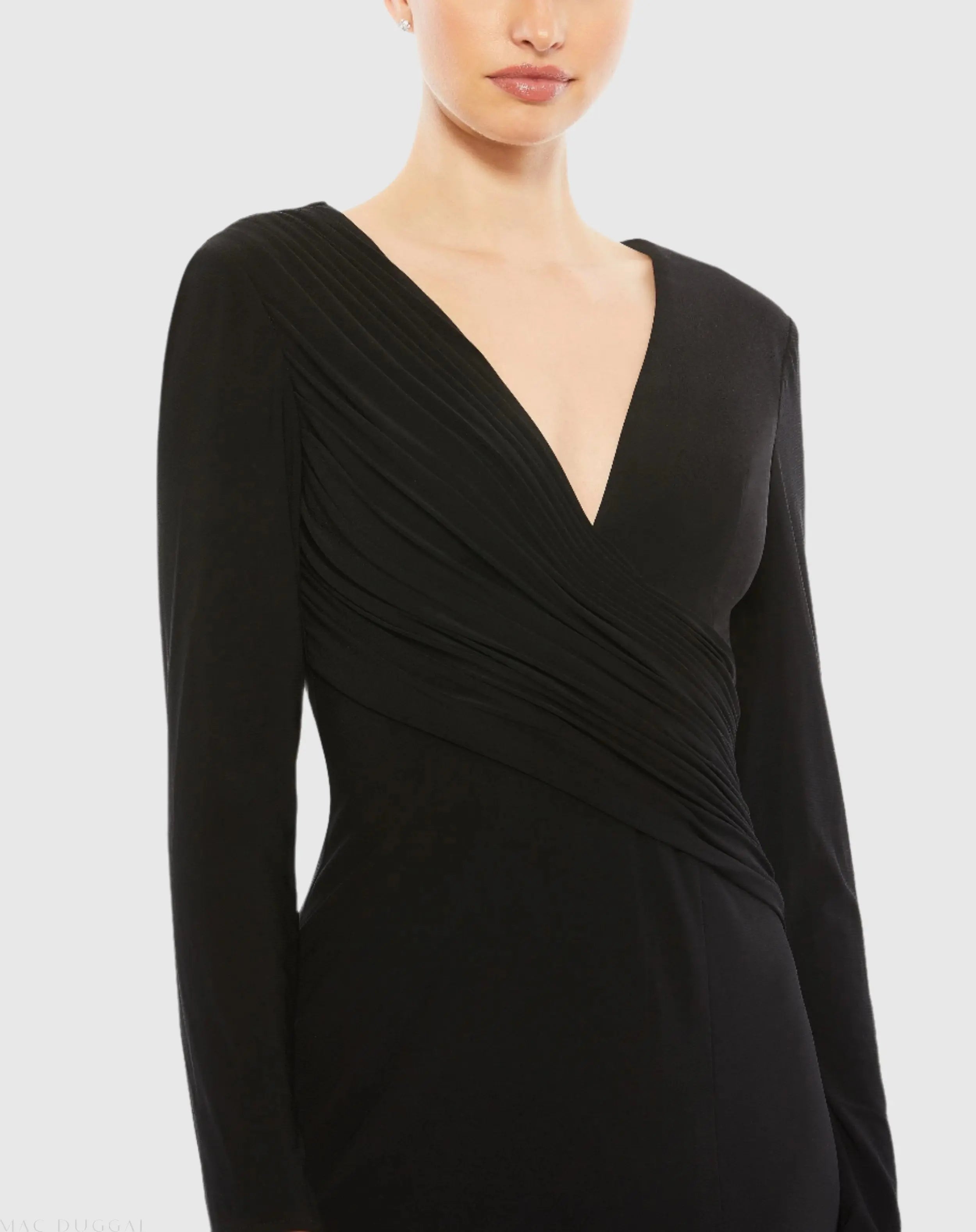 Black Jersey Long Sleeve Asymmetrical Ruched Gown