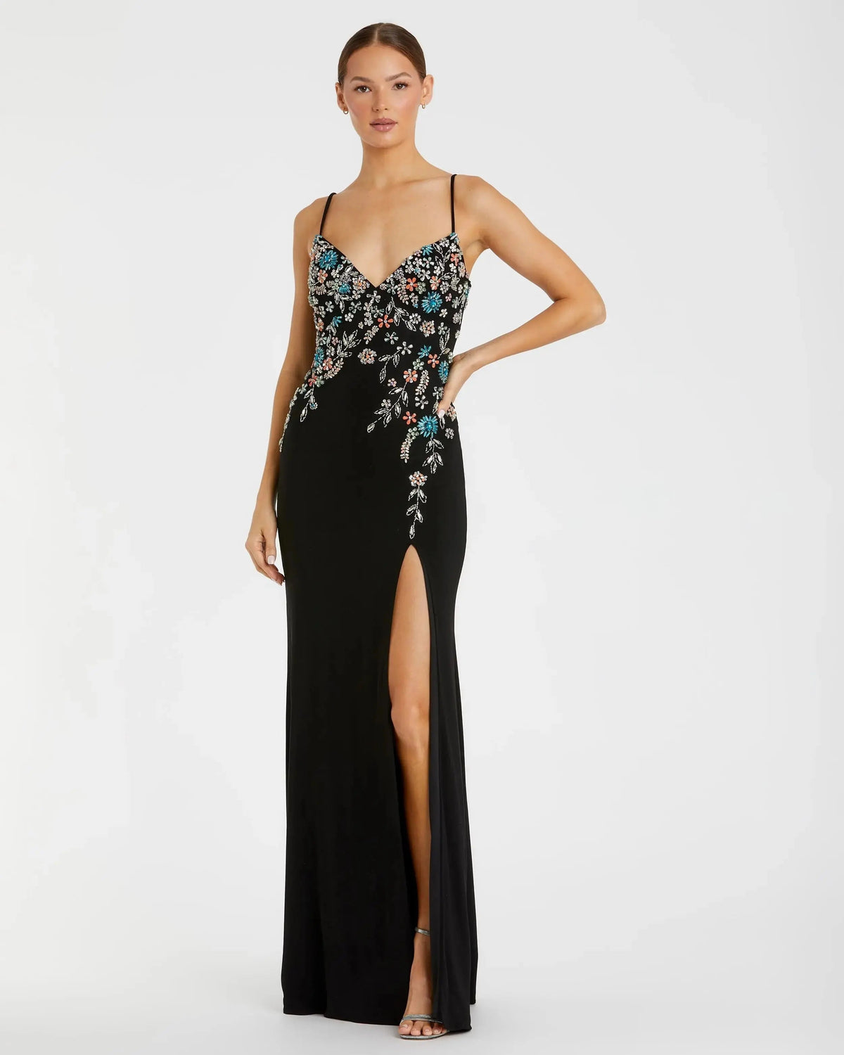 Black Multi Color Beaded Floral Cami Gown