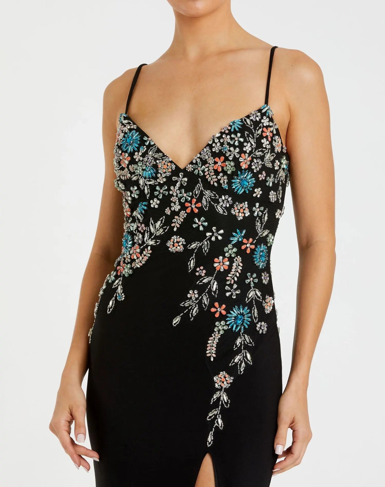 Black Multi Color Beaded Floral Cami Gown