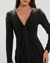 Black Jersey V Neck Faux Knot Gown With Beaded Shoulders