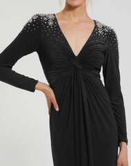 Black Jersey V Neck Faux Knot Gown With Beaded Shoulders