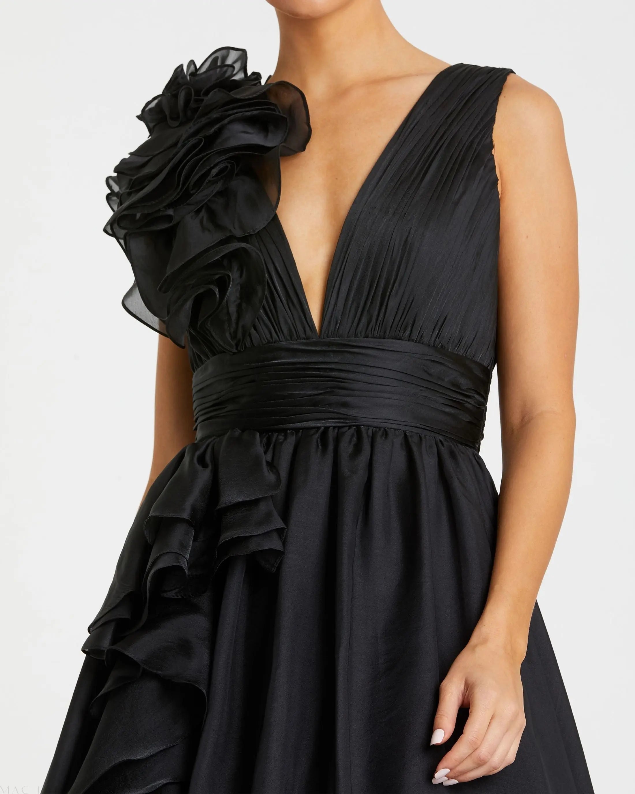 Black Ruffle Shoulder V-Neck Chiffon Gown