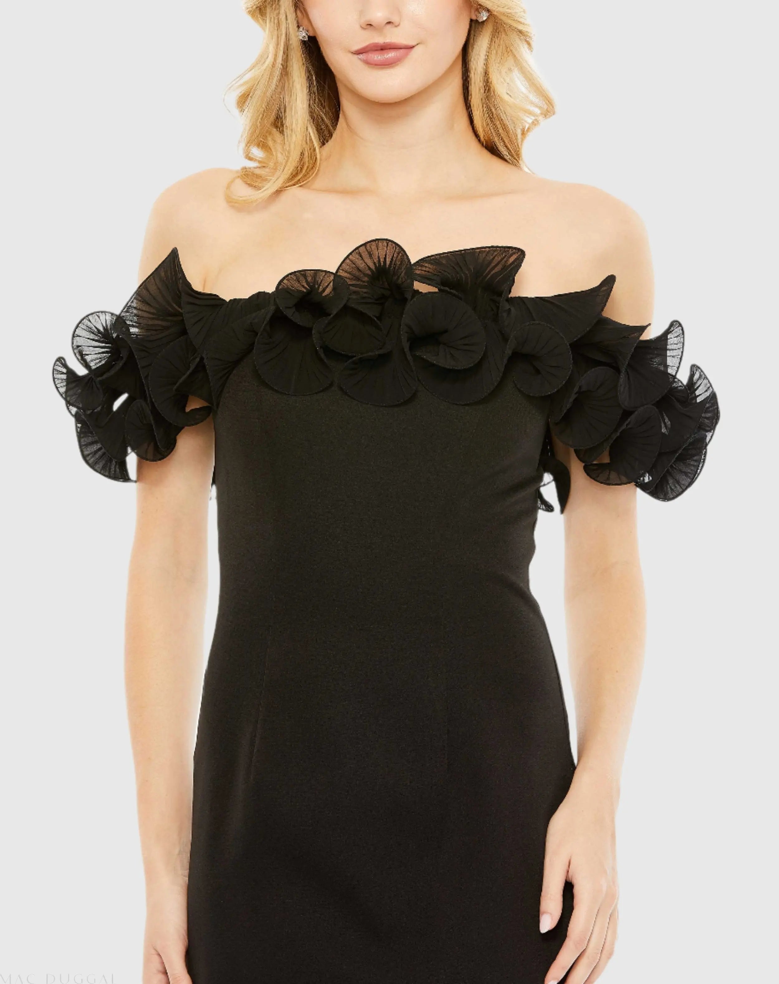 Black Off the Shoulder Ruffle Detail Column Gown