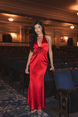 Red Fitted Satin Sleeveless Halter Gown With 3D Flower