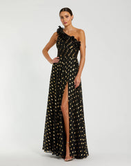 Black One Shoulder Ruffle Chiffon Gown With Slit