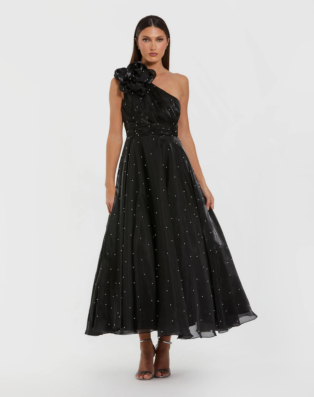 Black Pearl Embellished One Shoulder Organza Midi Dress