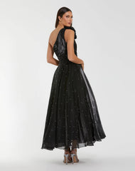 Black Pearl Embellished One Shoulder Organza Midi Dress