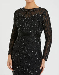 Black Long Sleeve Beaded Evening Gown