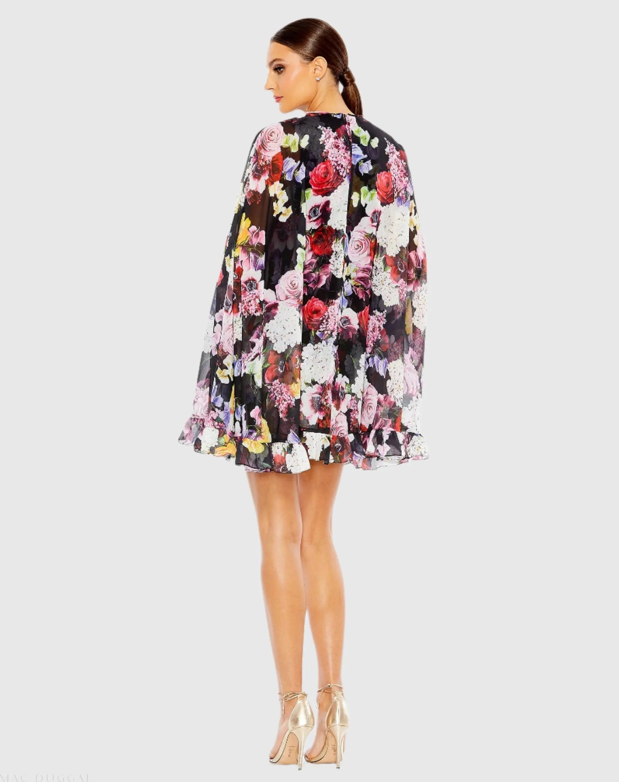 Black Multicolor Floral Print High Neck Ruffle Hem Cape Mini Dress