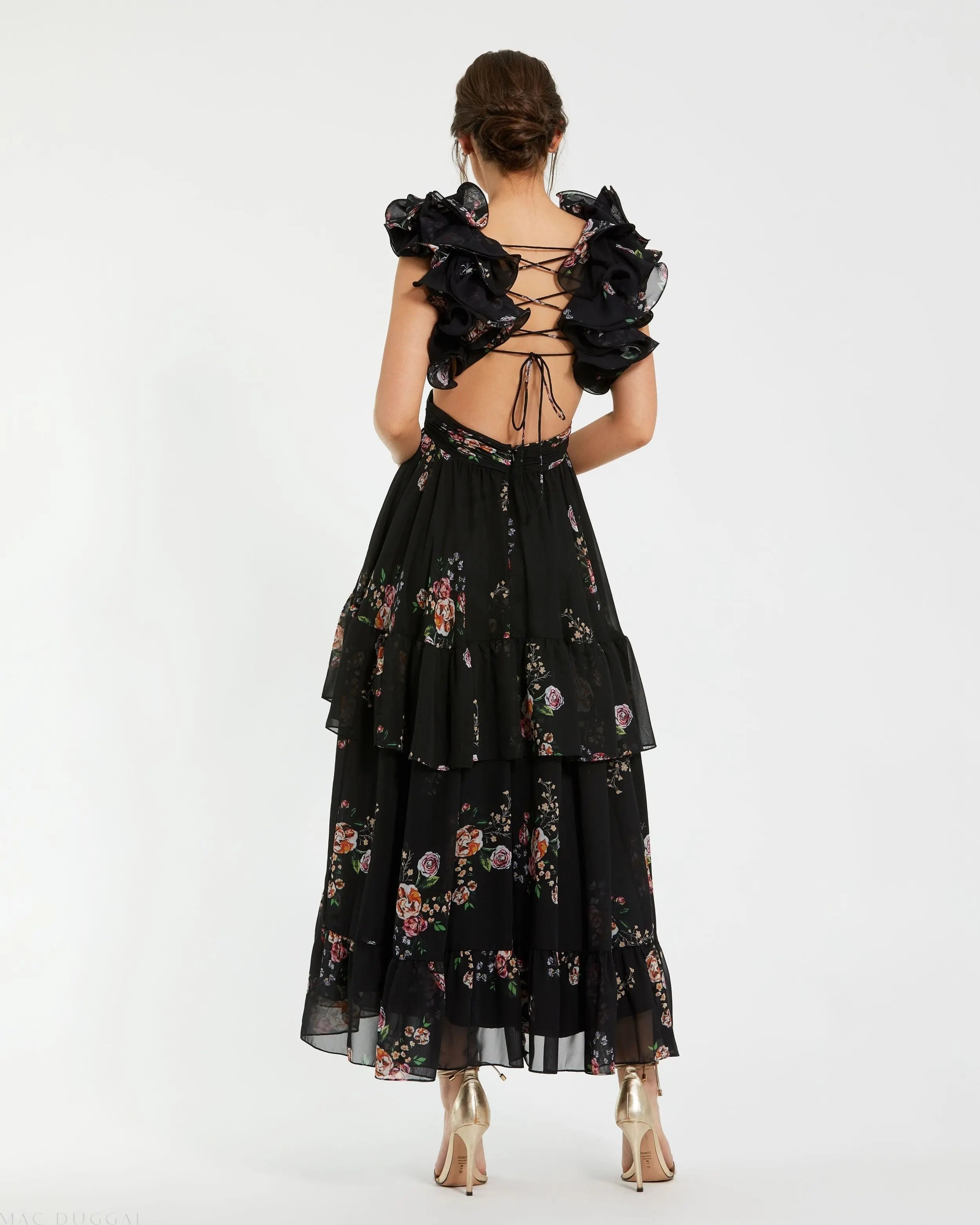 Black Ruffle Tiered Cut-Out Floral Print Chiffon Dress
