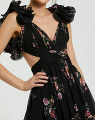 Black Ruffle Tiered Cut-Out Floral Print Chiffon Dress