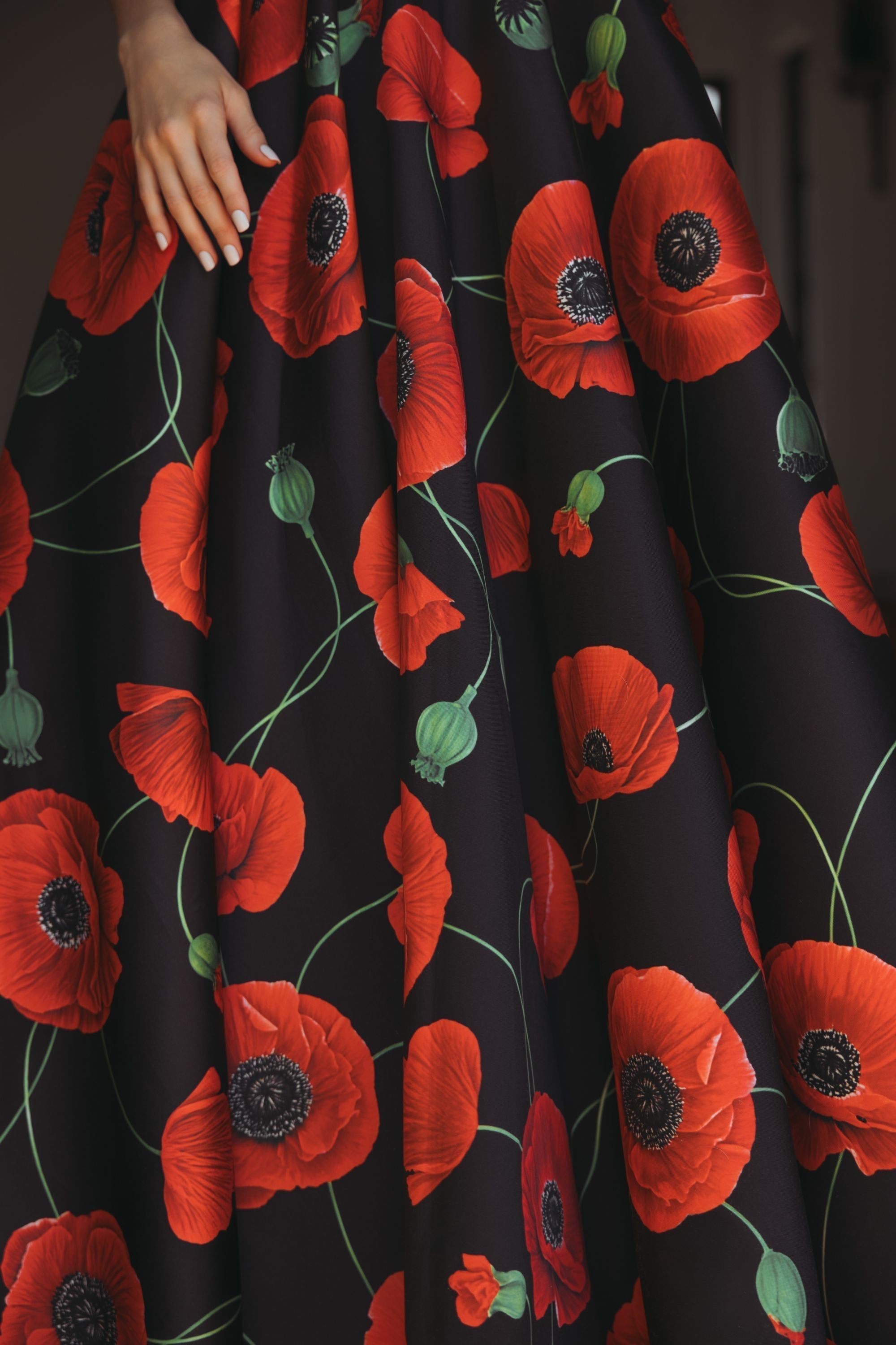 Black Plunge Neck Ball Gown With Floral Mikado Skirt