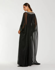 Black Long Sleeve Embellished Chiffon Kaftan Gown