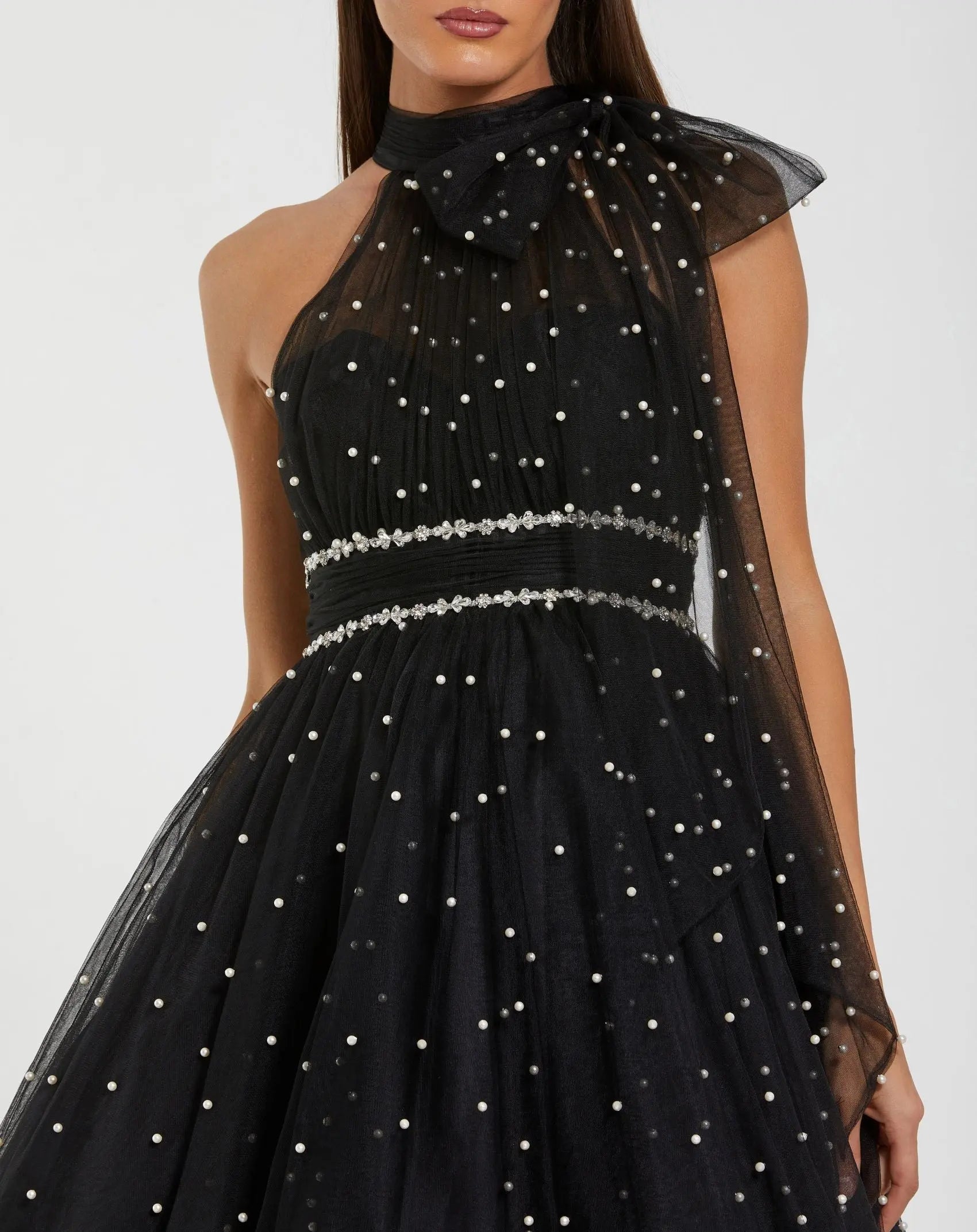 Black Pearl Embellished A Line Mini Dress with Bow
