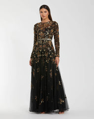 Black Hand Embellished Long Sleeve A Line Gown