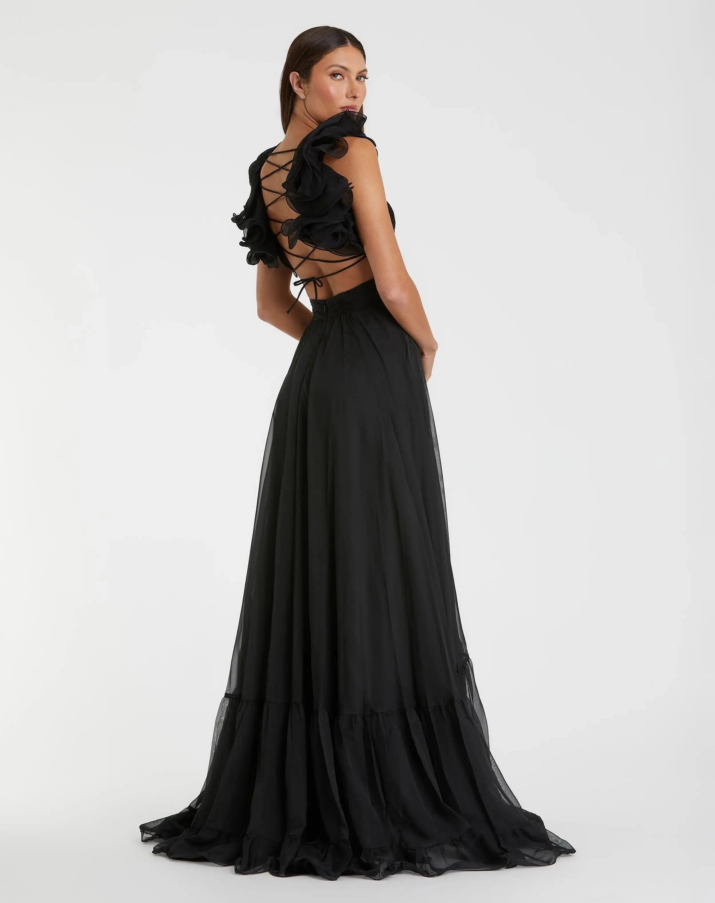 Black Ruffle Tiered Cut-Out Chiffon Gown