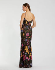Black Multicolor Floral Embroidered Trumpet Gown