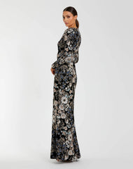 Black Multicolor Embroidered Velvet Evening Gown with Long Sleeves