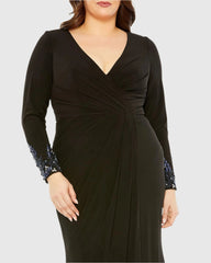 Black Long Crystal Detail Sleeve V Neck Gown