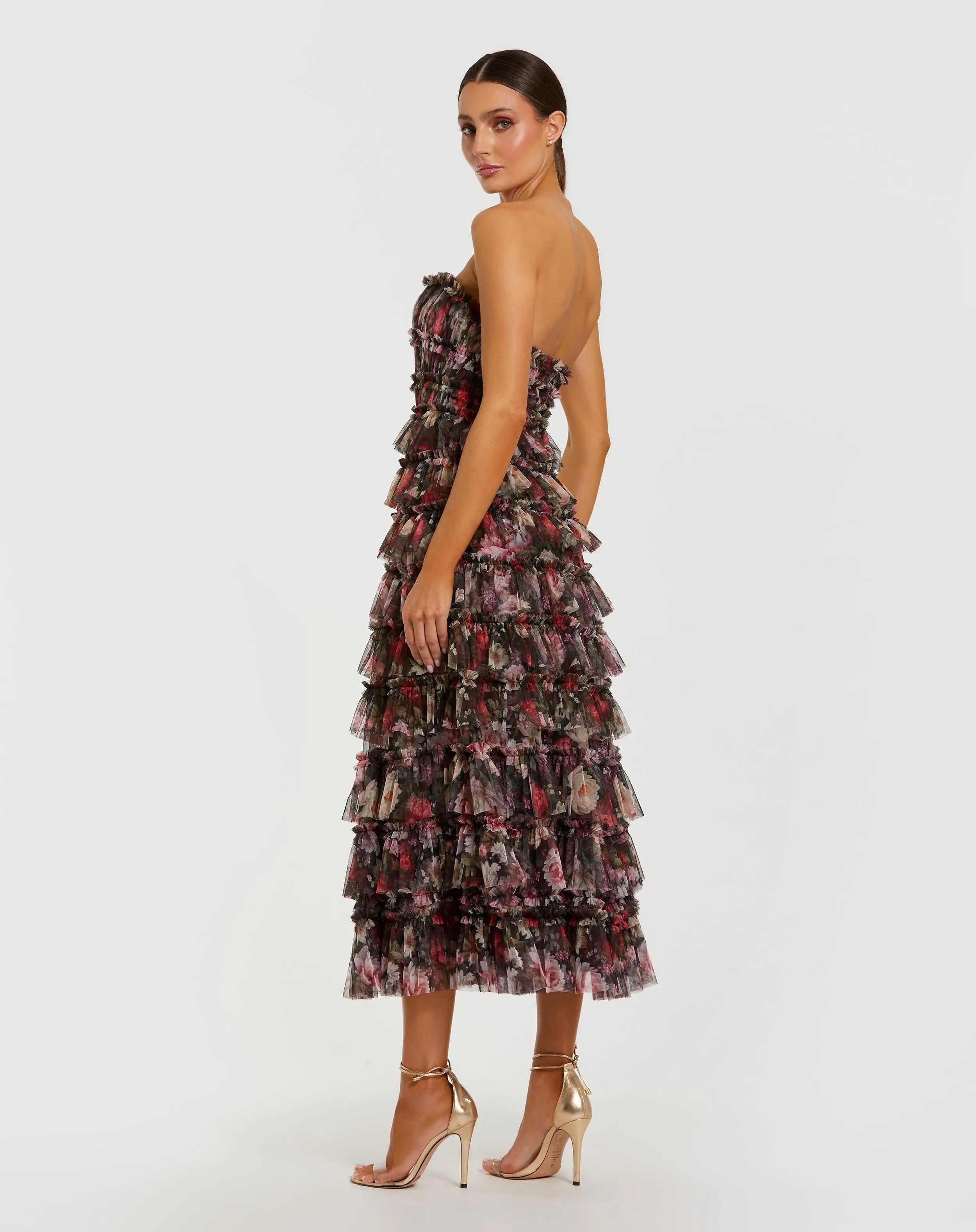 Black Multicolor Strapless Micro Ruffle A Line Midi Dress